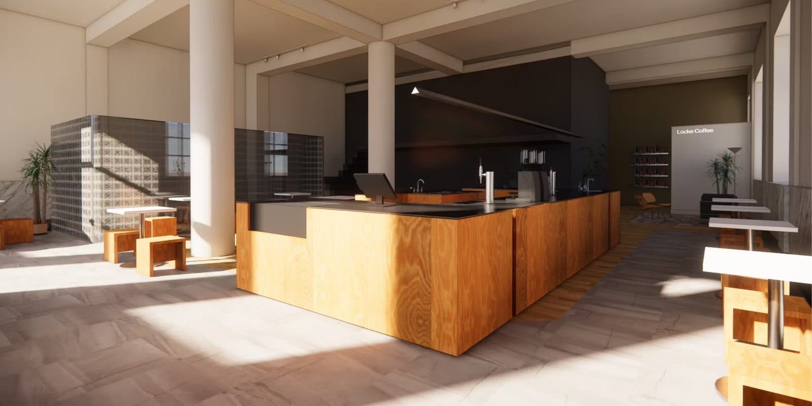 Interior render of Locke Coffee — the entry and Modbar espresso bar at the corner of 4 W 4th St and York St in Newport, KY, a specialty coffee shop near Cincinnati